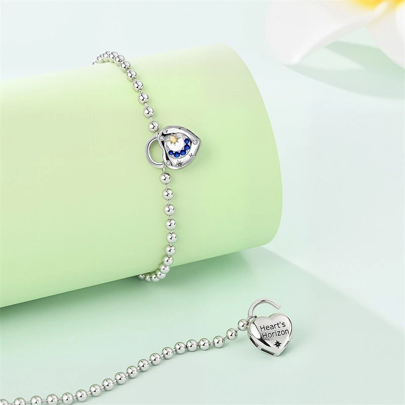 Pulseira feminina KUNSIR 925 prata esterlina coração lua de Vênus contas redondas corrente - Imagem 2 de 4