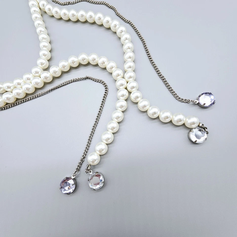 Faux Pearl Necklace Long Fringe Crystal Ends Ivory 10mm Bridal Special Occasion - Image 2 of 4