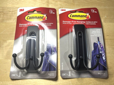 Lot of 2 COMMAND Large Matte Black Double Hook Holds 4lbs