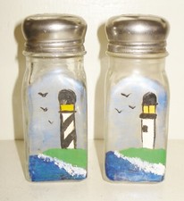 VINTAGE LIGHTHOUSE SALT AND PEPPER SHAKERS HAND PAINTED DESIGN NR