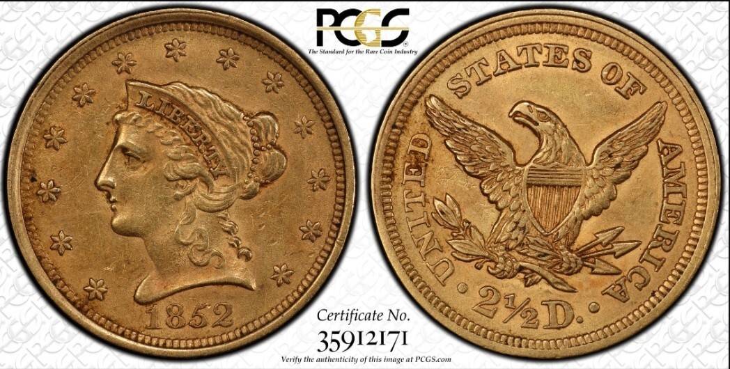 1852 $2.50 Liberty Head Gold PCGS AU55 Quarter Eagle $2 1/2 Gold Shield