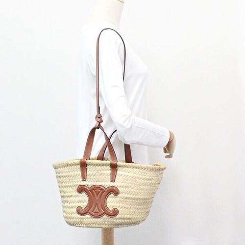 CELINE Teen Classic Pannier Raffia/Calfskin Triomphe Straw Bag 2WAY Women's - Picture 9 of 10