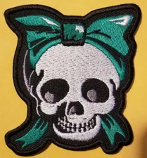 Green Sugar Skull with bow Embroidered Patch approx 3x3.5"