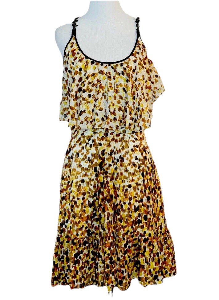 Cynthia Steffe Silk Abstract Print  Ruffle Dress in Neutral Brown & Cream, sz 8