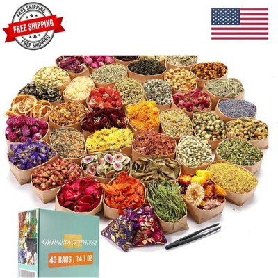 40 Bags Natural Dried Flowers Kit, Natural Dried Herbs with 2 Mesh Drawstring...