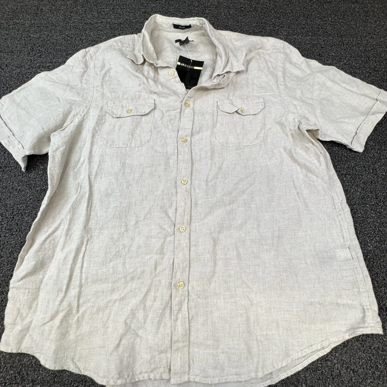 Claiborne Shirt Mens XL Beige Short Sleeve Button Up Linen Relaxed Pockets
