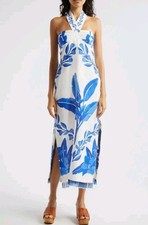 NEW!! FARM Rio Blue Yard Linen Halter Beaded straight Midi Dress size L Floral