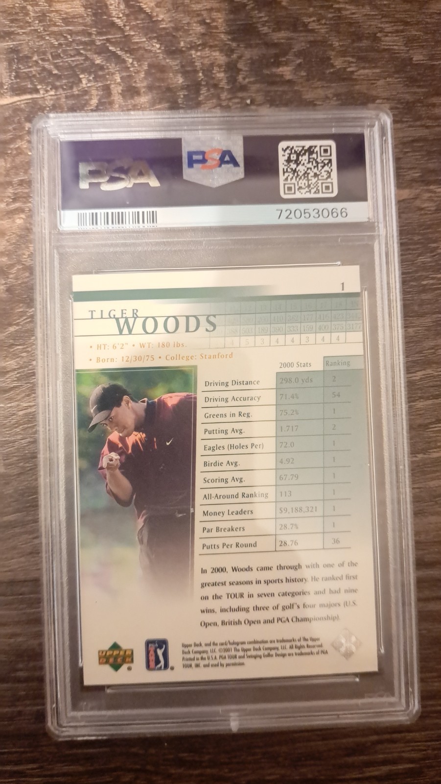 2001 Upper Deck Golf #1 Tiger Woods (RC) – PSA 7 NM view 2