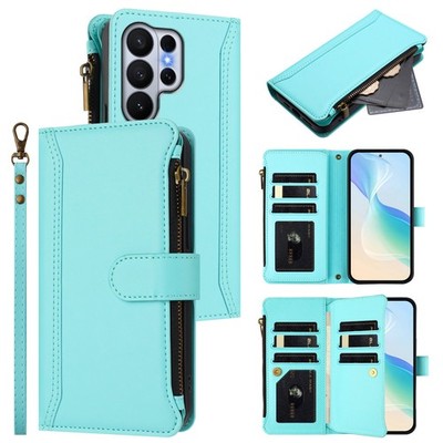 Zipper 9 Card Leather Wallet Case For Various Phone Bag Flip Stand Cover Fashion