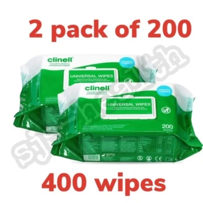 2 x CLINELL WIPES ANTIBACTERIAL WET WIPES KILLS 99.9% GERMS 200 WIPES PER PACK