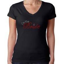 Womens T-Shirt Rhinestone Bling Black Fitted Tee I'm The Bride Red Sparkle