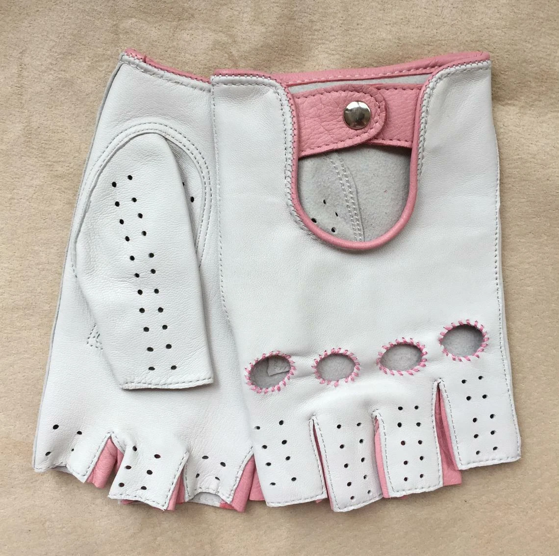 Fingerless Gloves for Ladies Driving Cycling White & Pink Handmade