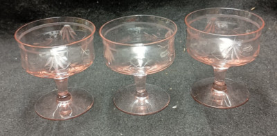 Set 3 Morgantown Glass Paneled Etched Floral Low Sherbet Champagne Pink Goblets