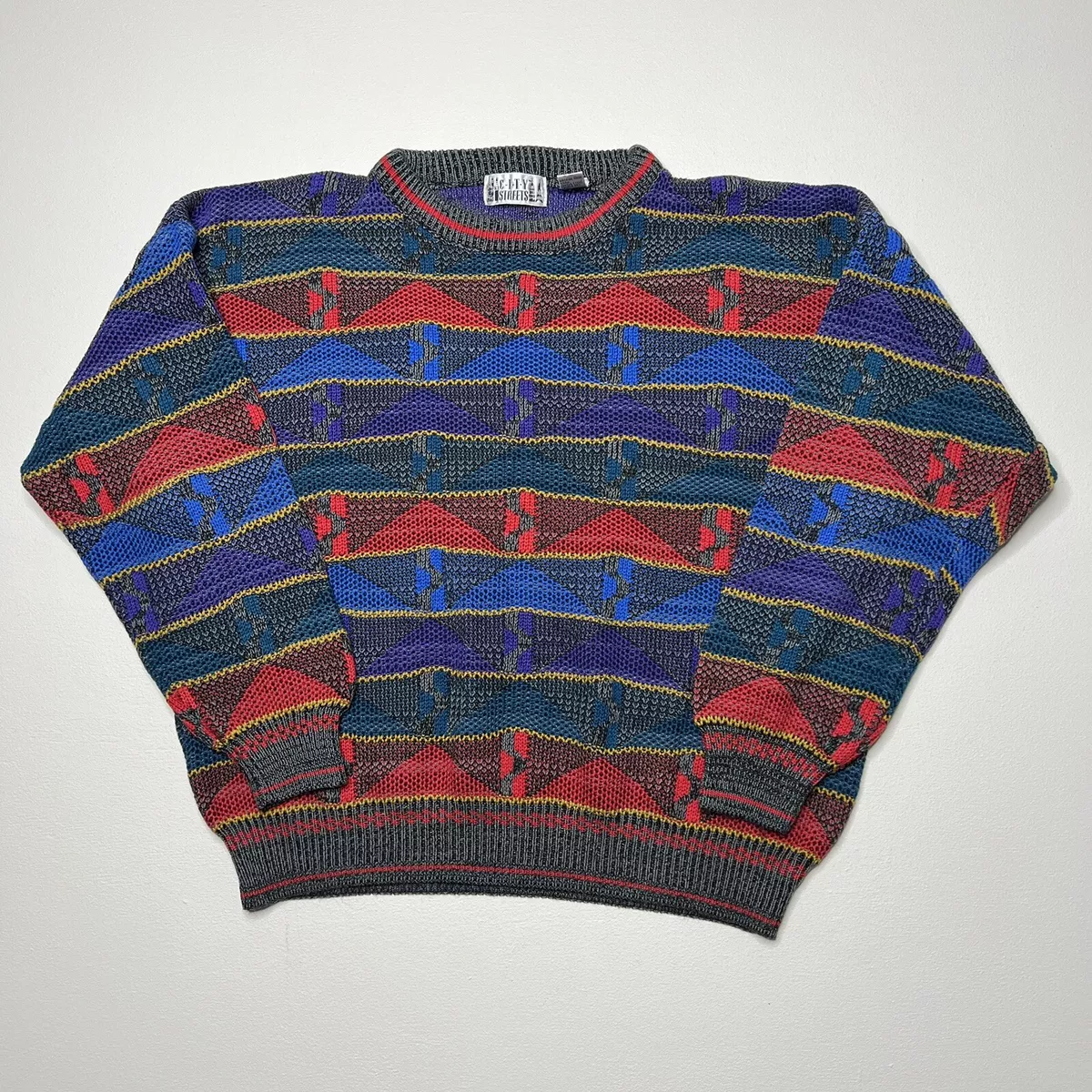 Vintage City Streets 3D 90s Multi Color Coogi Knit Cotton Sweater Size Large
