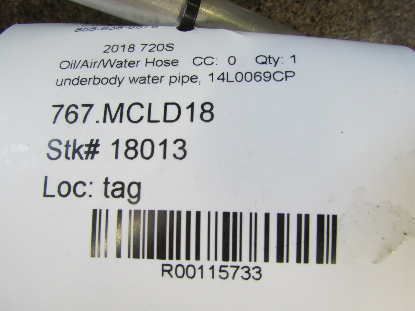 Mclaren 720s, Underbody Water Pipe, Used, P/N 14L0069CP