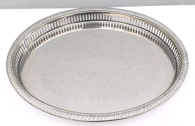 Vintage Silber Tablett Leonard vergoldet oval Platte Metall geätzt Butler selten 