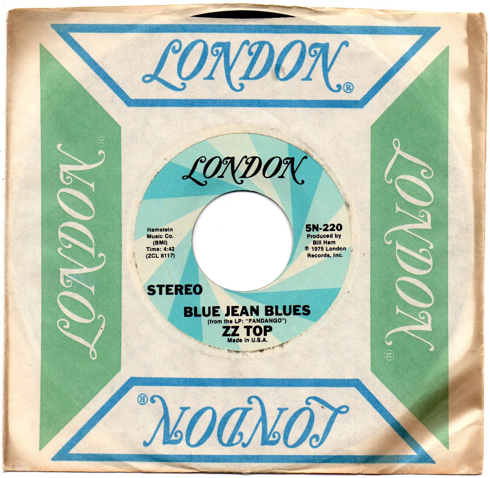 ZZ Top Blue Jean Blues Tush 7" 45rpm Vinyl VG Single 1975 Rock London