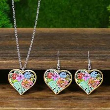 3 PCS Boho Wooden Flower Design Heart Shaped Necklace  Earrings Jewelry Set