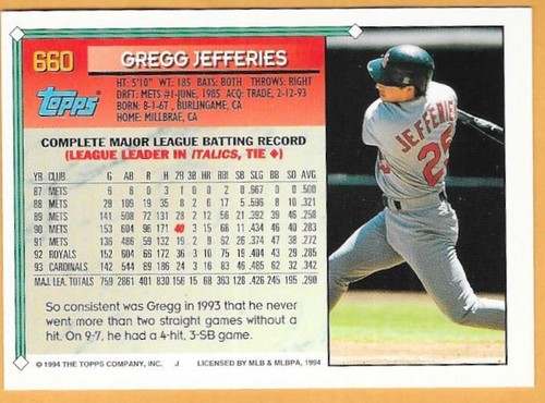 GREGG JEFFERIES ST. LOUIS CARDINALS #666 - TOPPS GOLD NM-MT 1994 - Picture 2 of 2