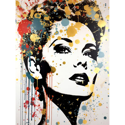 Kontrastreiches weibliches Retro-Porträt gold rot gelb Kunst-Leinwanddruck 18 x 24