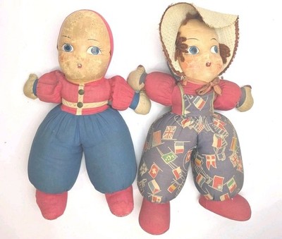 Pair 1940's Painted Face Cloth Dolls 18'' Vintage HTF