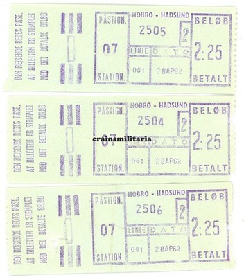 3x Orig. Fahrschein Fahrkarte HOBRO - HADSUND Dänemark 1962