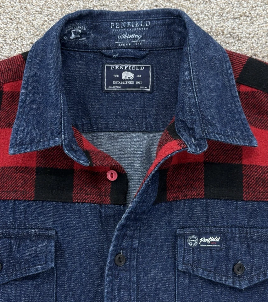 Penfield Denim Shirt Men's M Blue Denim Red Buffalo Plaid Block Flannel Detail - Image 2 of 4