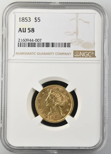 1853 $5 Liberty Head Gold Coin NGC AU 58 – Rare Collectible
