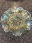 PEACOCKS ON FENCE BOWL AQUA OPAL BEAUTIFUL!  by NORTHWOOD RARE ANTIQUE 9"
