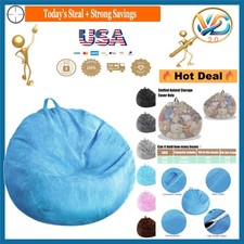 Kids Blue Microfiber Corduroy Stuffed Animal Storage Bean Bag Chair Cover