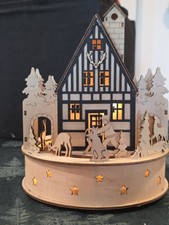 Wood Laser Cut Lodge W/rotating Deer And Trees. Christmas Tabletop Decor