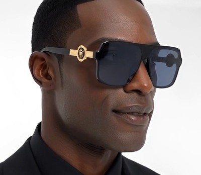 Sunglasses Men's Square Frame Dark Black Lens Gold Accents Hip Hop Street Wear