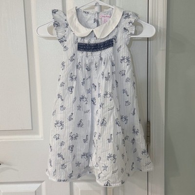 Tommy Bahama Girls Nautical Smocked Dress Blue White Stripe Size 5 Preppy