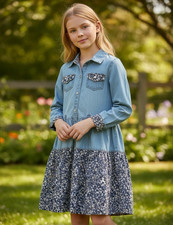 Sarsaparilla Pearl Snap Blue Denim Floral Western Dress Womens Size 8 Cowgirl