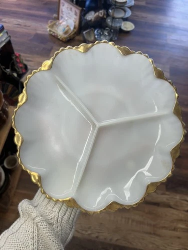 Vintage Fire King White Milk Glass Gold Trim Divided Relish Dish Anchor Hocking