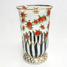 MacKenzie Childs Carolyn Heirloom Hurricane Vase 13" Red Roses Courtly Stripes