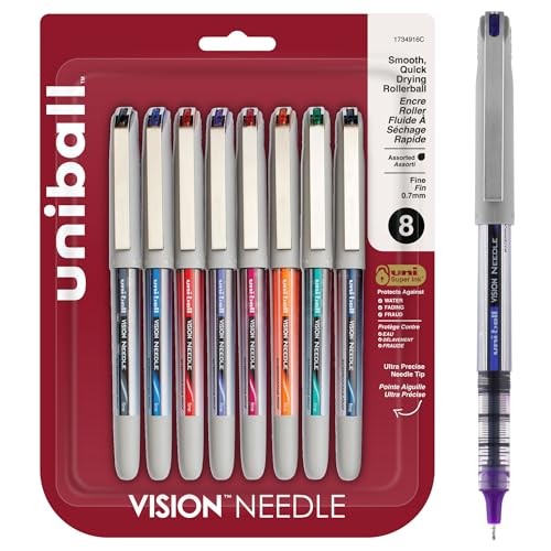UNIBALL VISION NEEDLE ROLLERBALL PENS, FINE POINT, ASSORTED COLOR INK 8 COUNT