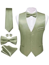Barry Wang Men's Formal Vest Necktie Bowtie Cufflinks Square - Sage Green - S