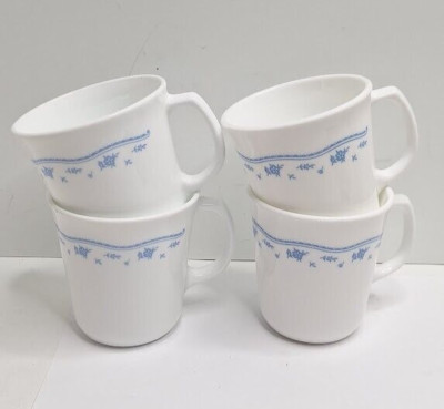 VTG Corning Ware Corelle ''Morning Blue'' Tea/Coffee Cups Mugs 8 oz USA Set of 4