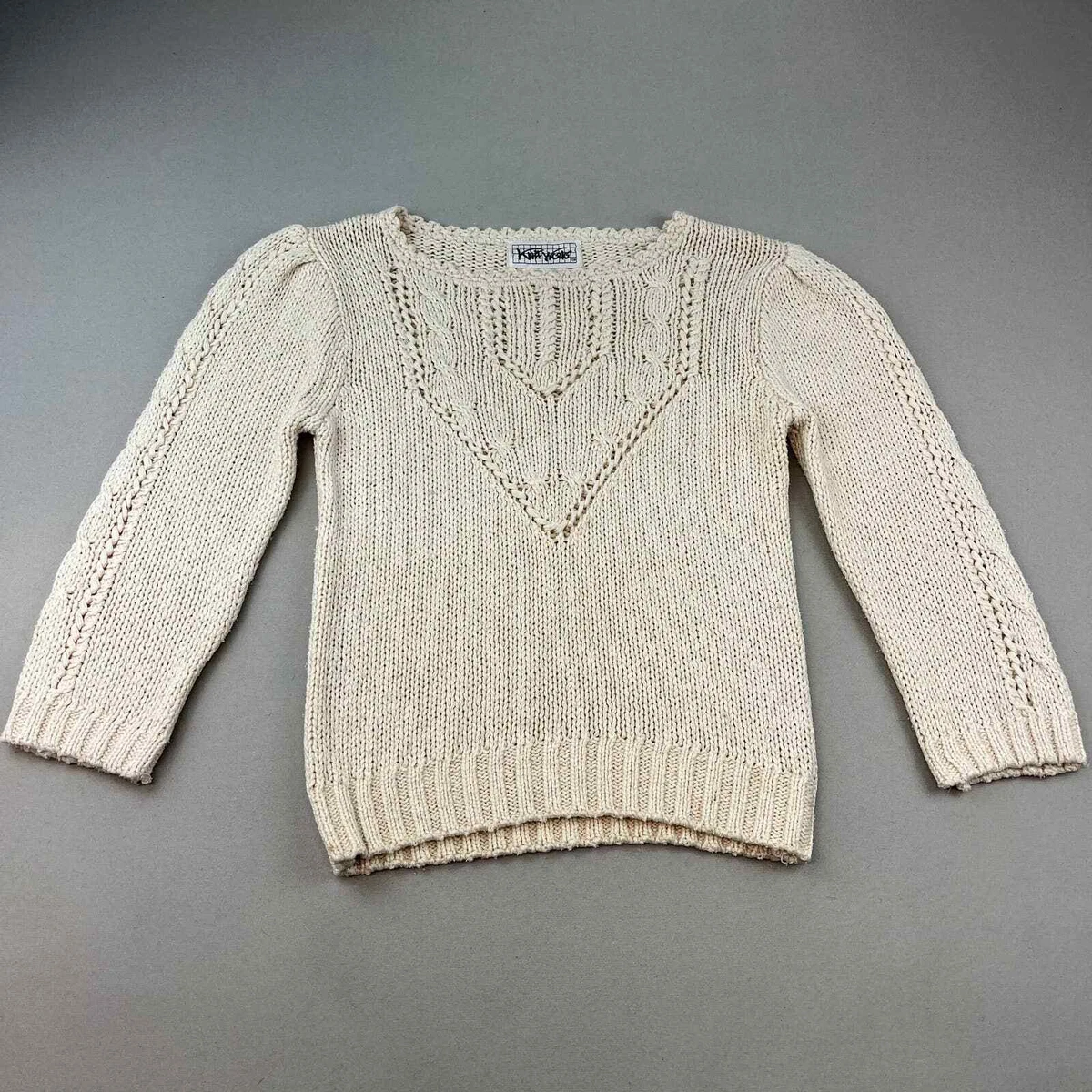 Vintage 90s Knitworks Cable Knit Pattern Sweater Womens Medium Cream Silk  Blend