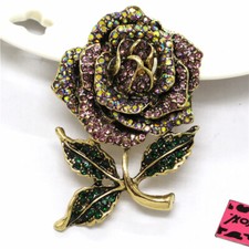 New Purple Crystal Enamel Vintage Rose Flower Fashion Women Charm Brooch Pin