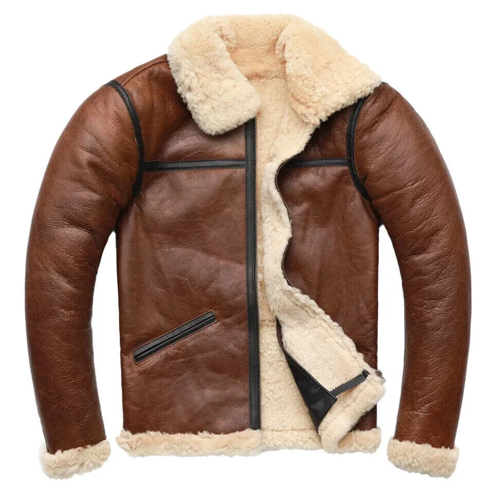 B-3 WW2 Mens US Navy RAF Aviator Flying Pilot Fur Shearling Real Leather Jacket