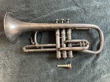 Antique C.G. Conn The Conn-Queror Silver Cornet Trumpet In Leather Satchel Case