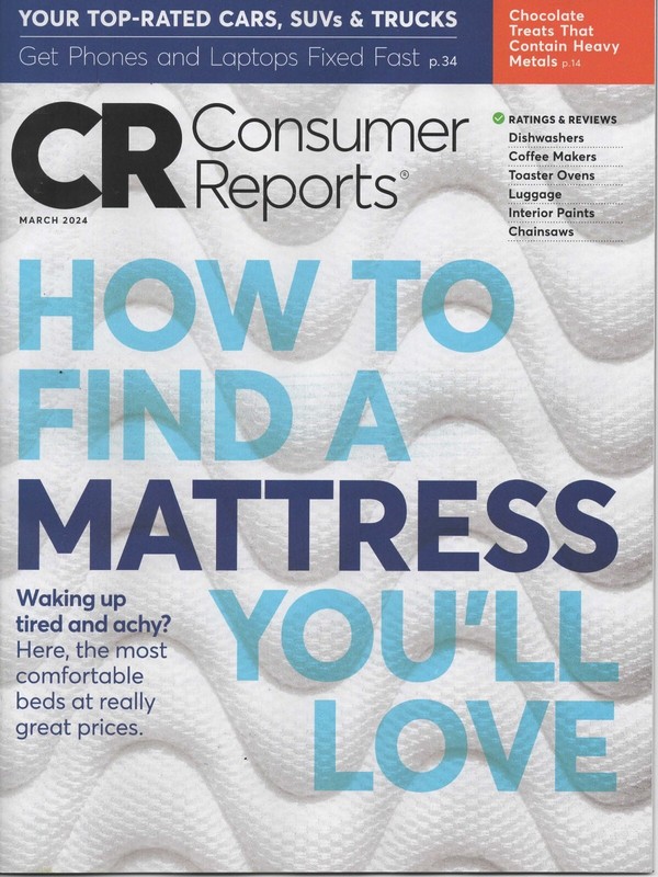 Consumer Reports Mattress Chocolate Cars SUVs Trucks Phone Laptops March 2024
