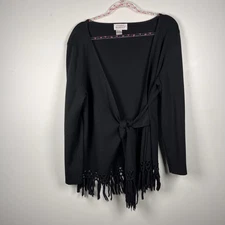 Vintage Adrianna Papell Black Wool Wrap Fringe LS Cardigan Sweater Size Large