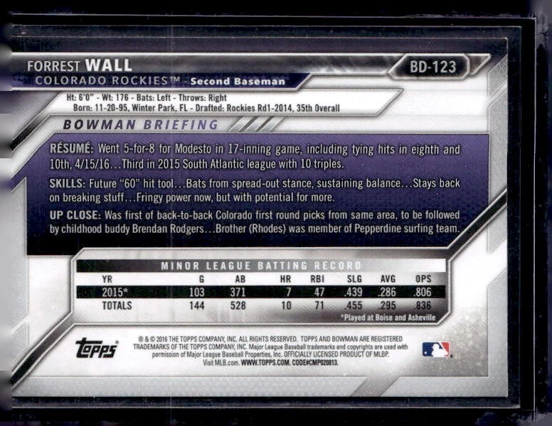 2016 Bowman Draft #BD-123 Forrest Wall AUTO - Image 2 of 2