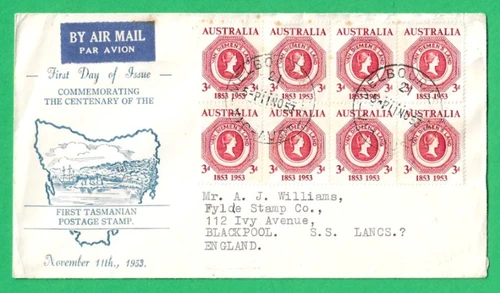 AUSTRALIA ~ CENTENARY OF 1ST TASMANIAN STAMP FIRST DAY COVER ~ 11th NOVEMBER 53
