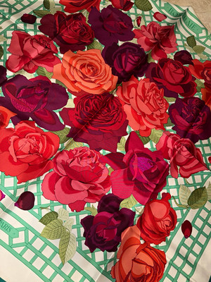Hermès Paris Womens Silk Twill Square Scarf Floral Rose Logo Multicolor