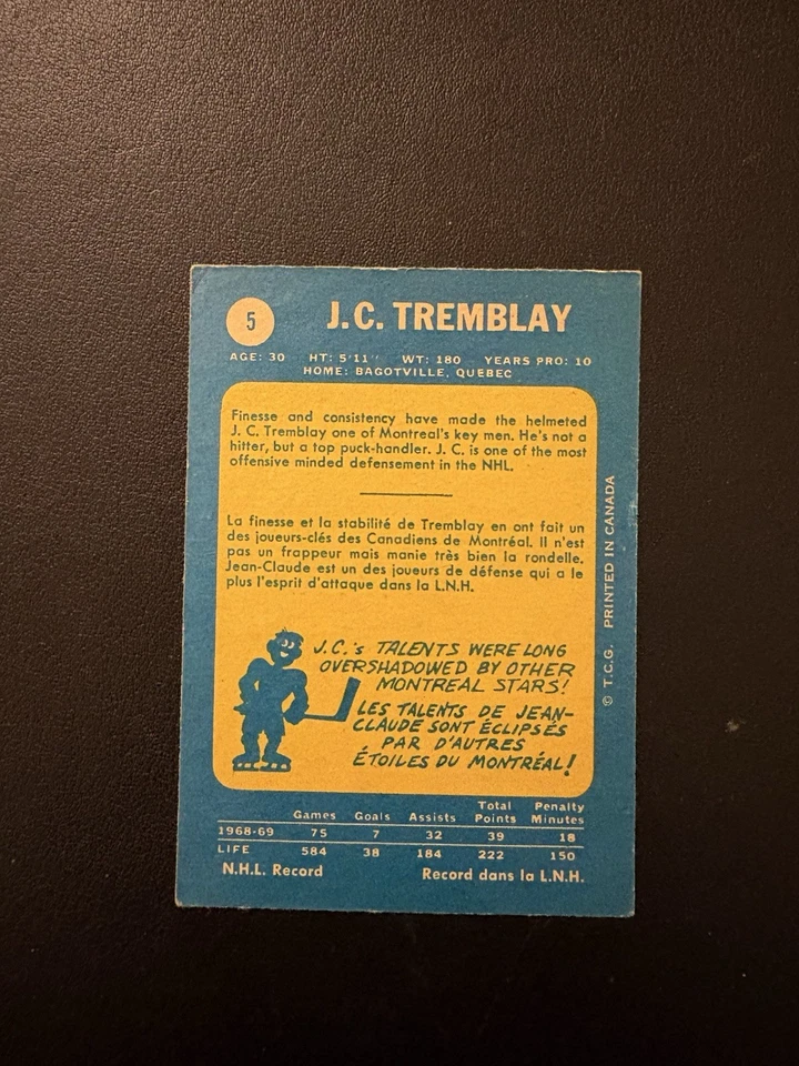 1969-70 OPC SET BREAK #5 J.C. TREMBLAY PRINTED IN CANADA!VG-EX+ - Image 2 of 2