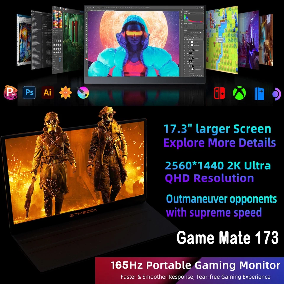 2.5K 165Hz 17.3" Portable Monitor Gaming Freesync Screen 2 * USB C HDMI For Xbox - Image 3 of 4